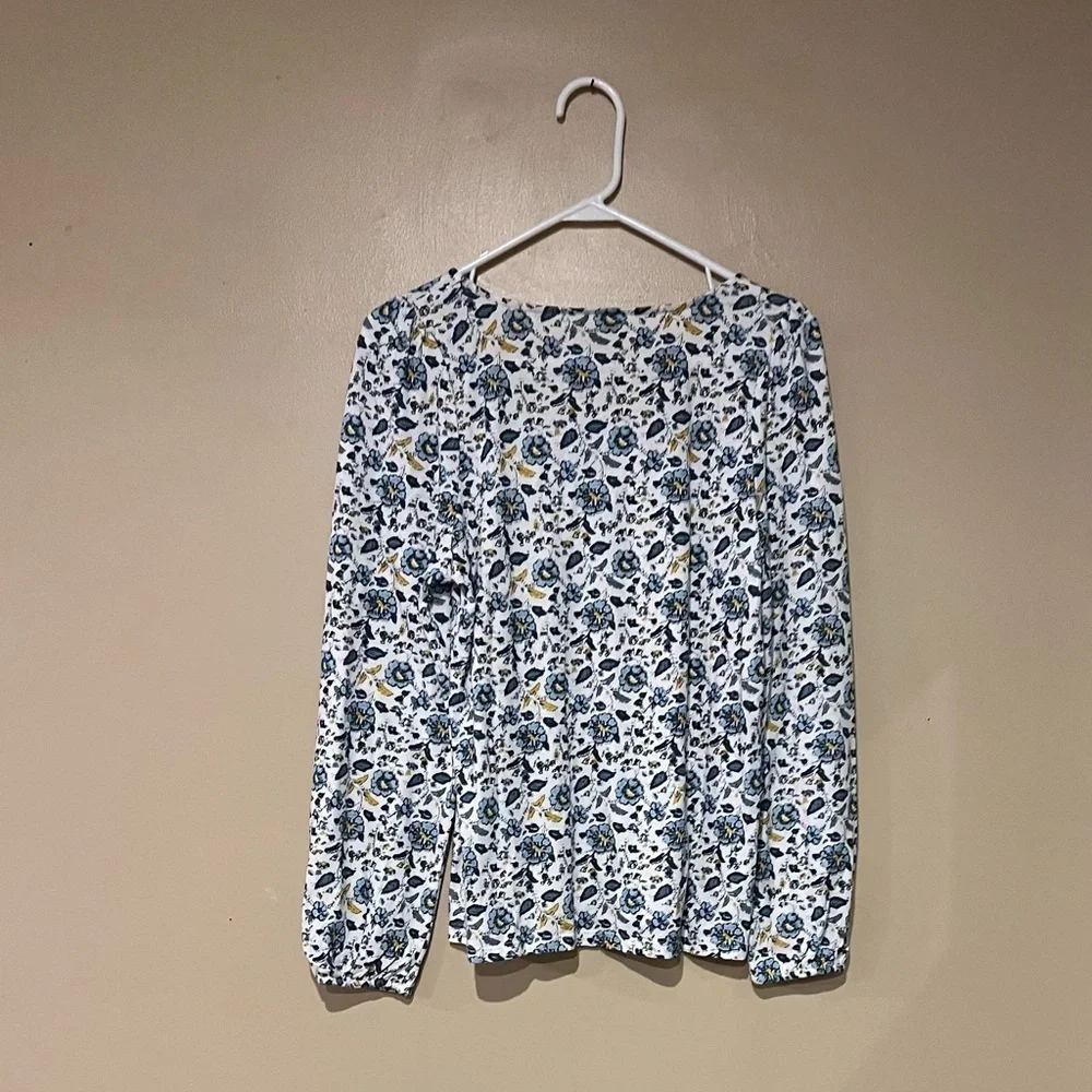 Lucky Brand Size S White Blue Gold Floral Square Neck Long Sleeve Peasant Top